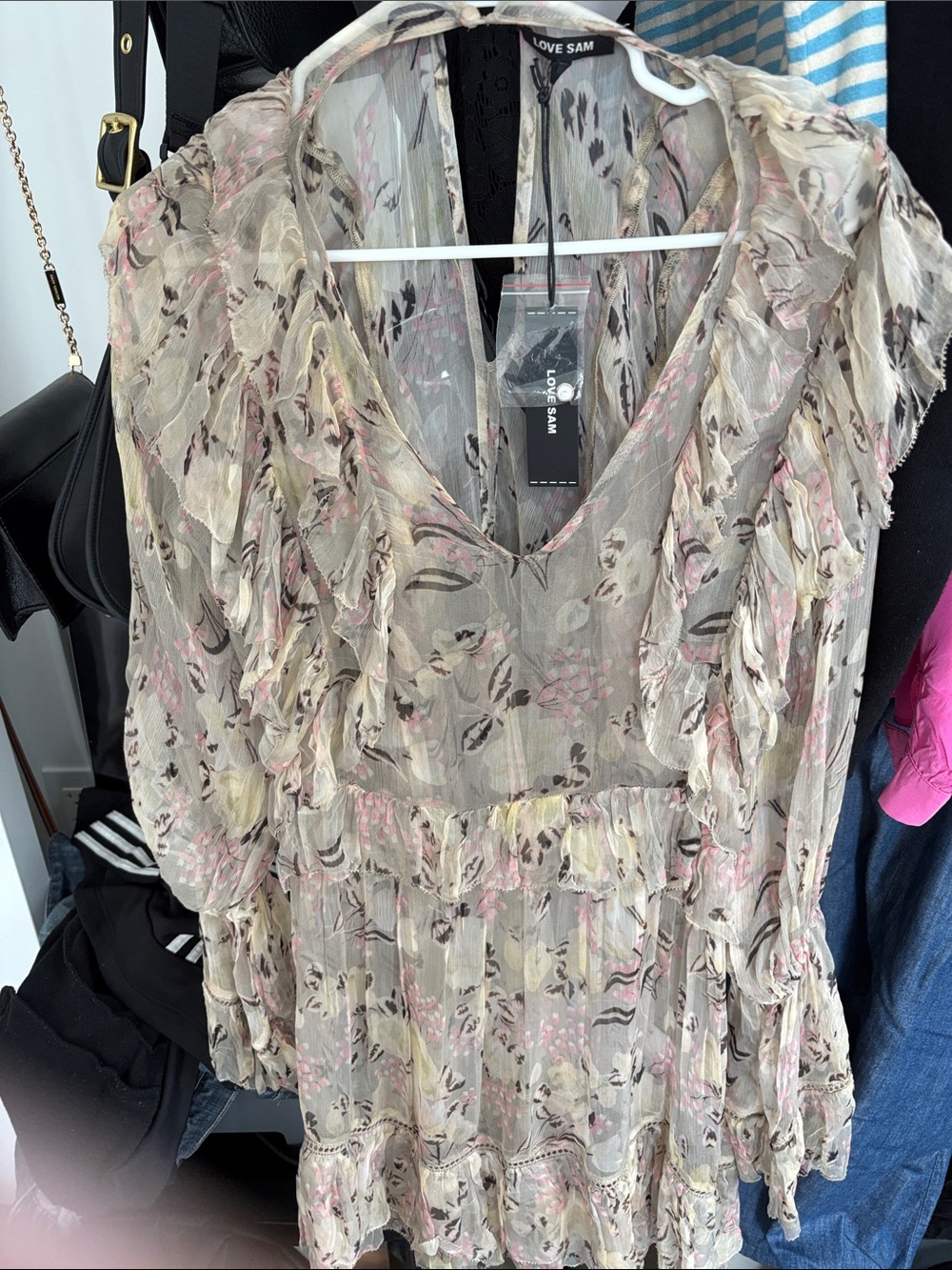 Love Sam Beige Floral Ruffled V-Neck Tunic with Pink Accents